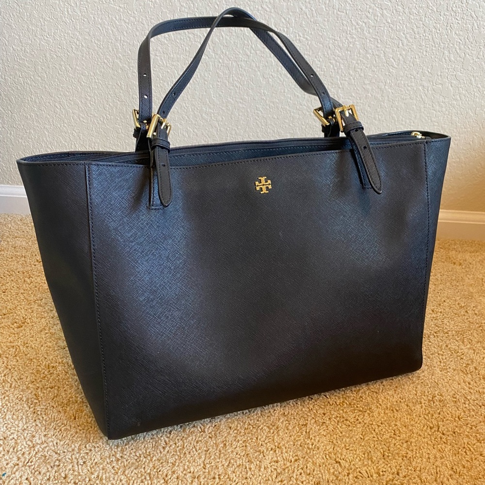 Tory Burch Tote, Black Pressed Leather, Excellent Condition